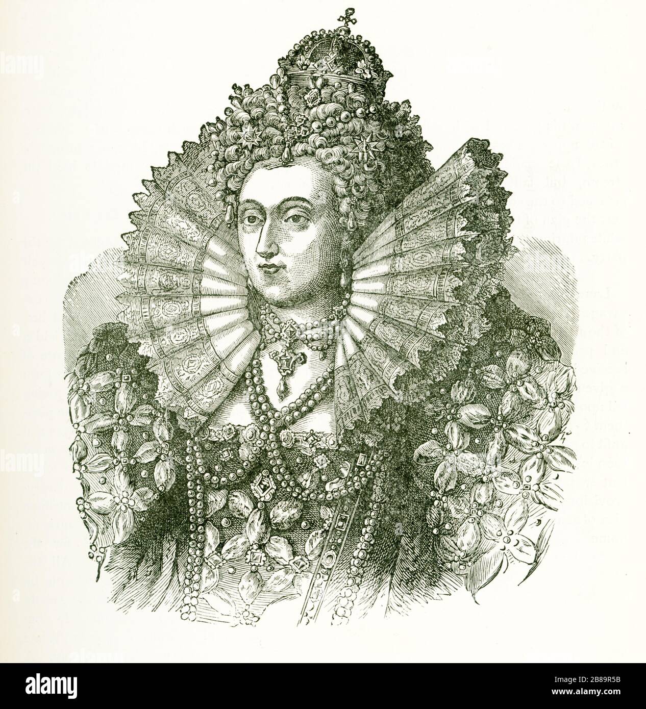 Elizabeth I, shown here in this early 1900s illustration,  was Queen of England and Ireland from 17 November 1558 until her death on 24 March 1603. Sometimes called the Virgin Queen, Gloriana or Good Queen Bess, Elizabeth was the last of the five monarchs of the House of Tudor. Stock Photo