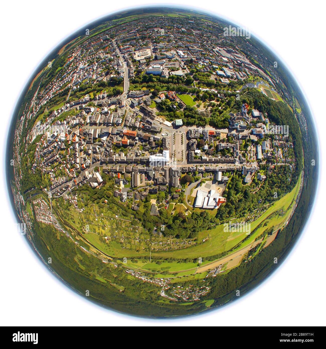 , city center of Arnsberg with forest Eichholz and river Ruhr, 02.08.2011, aerial view, Germany, North Rhine-Westphalia, Sauerland, Arnsberg Stock Photo
