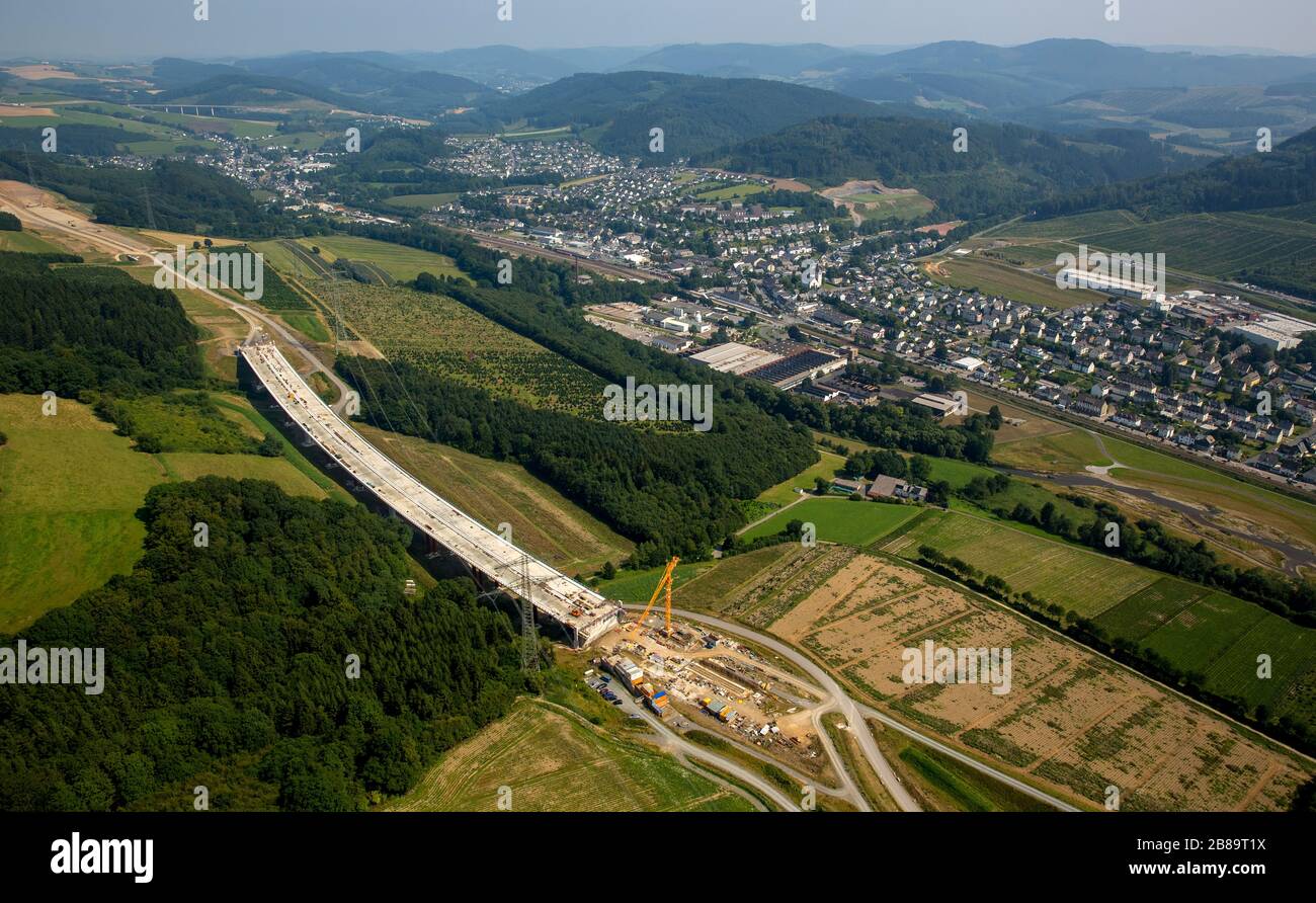 , bridge and the interchange Bestwig of the motor way A 46, 13.08.2015, aerial view, Germany, North Rhine-Westphalia, Sauerland, Bestwig Stock Photo