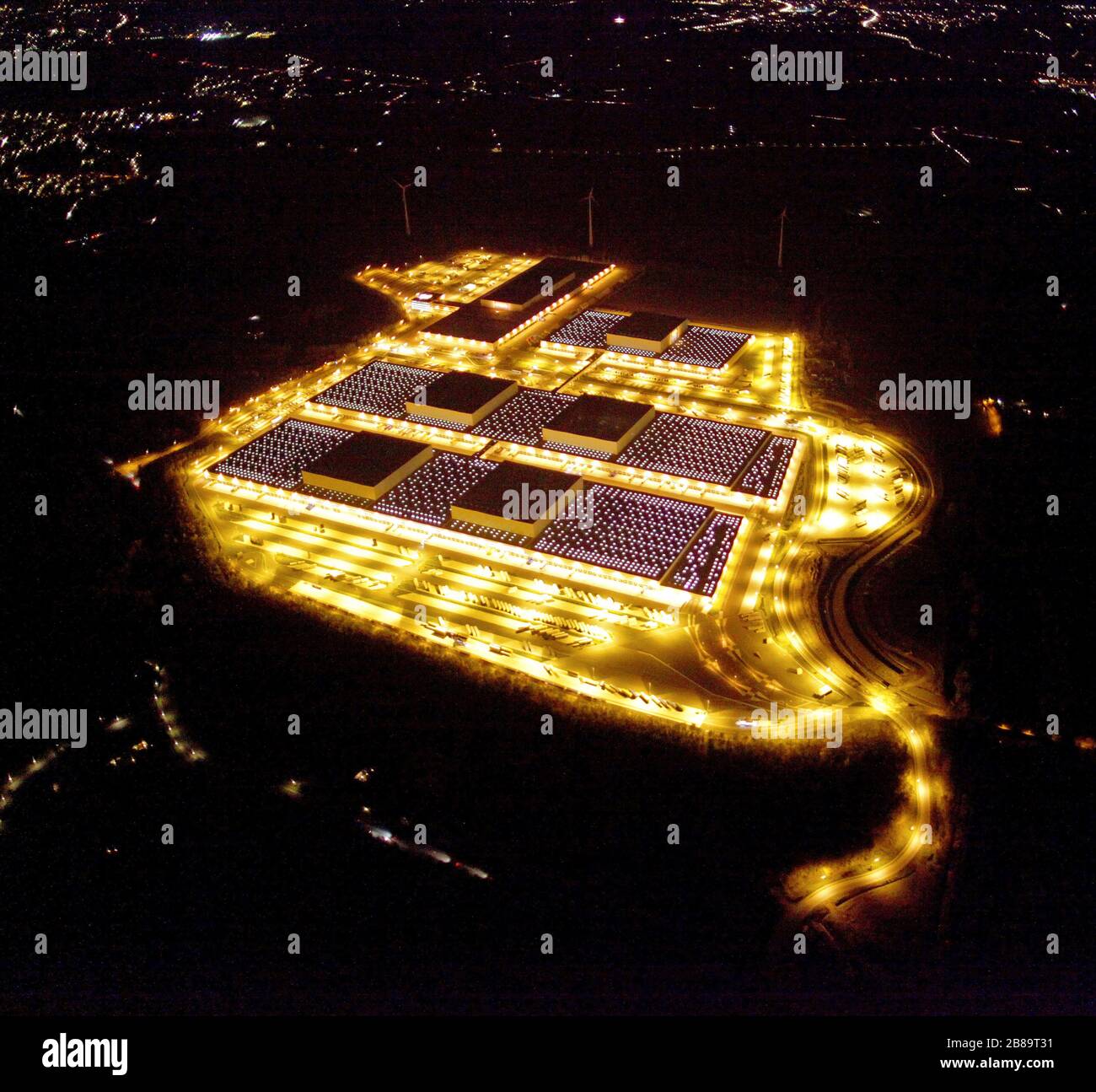 , Night view of the distribution centre of IKEA in Dortmund-Ellinghausen, 20.10.2009, aerial view, Germany, North Rhine-Westphalia, Ruhr Area, Dortmund Stock Photo