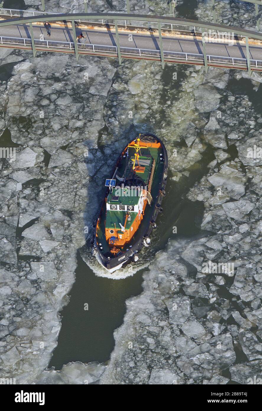 , icebreaker-ship on the Wesel-Datteln Canal in Marl, 08.02.2012, aerial view, Germany, North Rhine-Westphalia, Ruhr Area, Marl Stock Photo