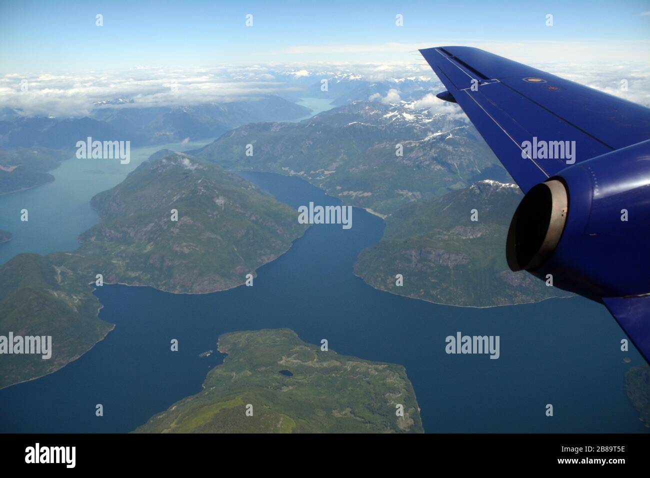 An airplane (Saab 340A) aerial view over Bute Inlet and the Discovery Islands archipelago, on the Inside Passage, British Columbia coast, Canada. Stock Photo