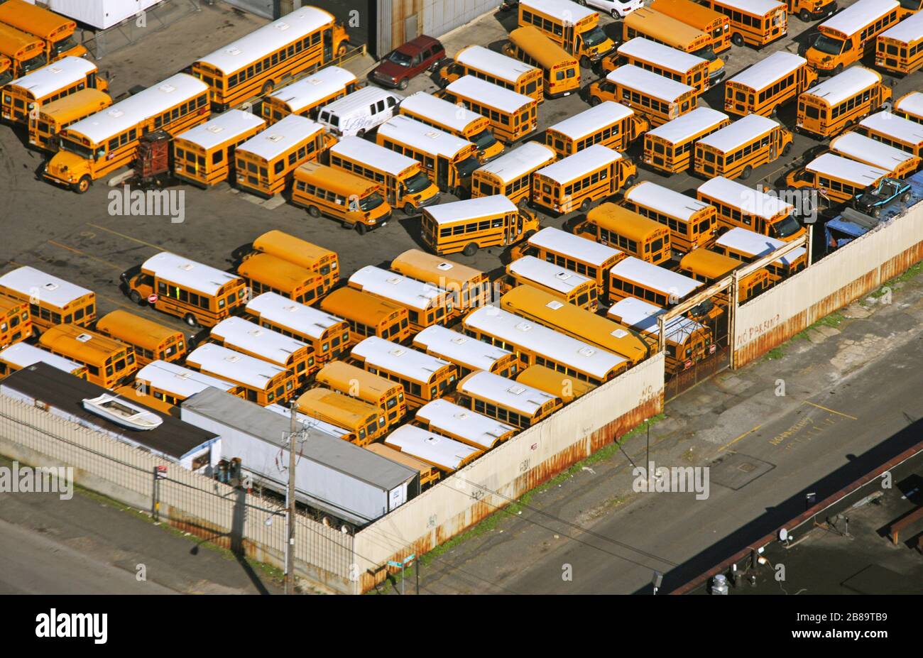 bus and school bus depot in the Stillwell Avenue on Coney Iceland, 12.04.2009, aerial view, USA, New York City Stock Photo