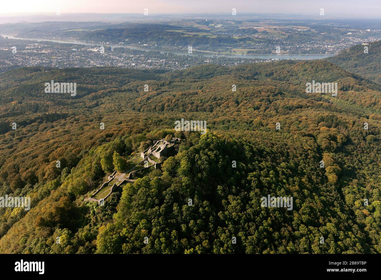 , ruins castle Loewenburg in the Siebengebirge near Bad Honnef, 25.09.2011, aerial view, Germany, North Rhine-Westphalia, Siebengebirge, Bad Honnef Stock Photo