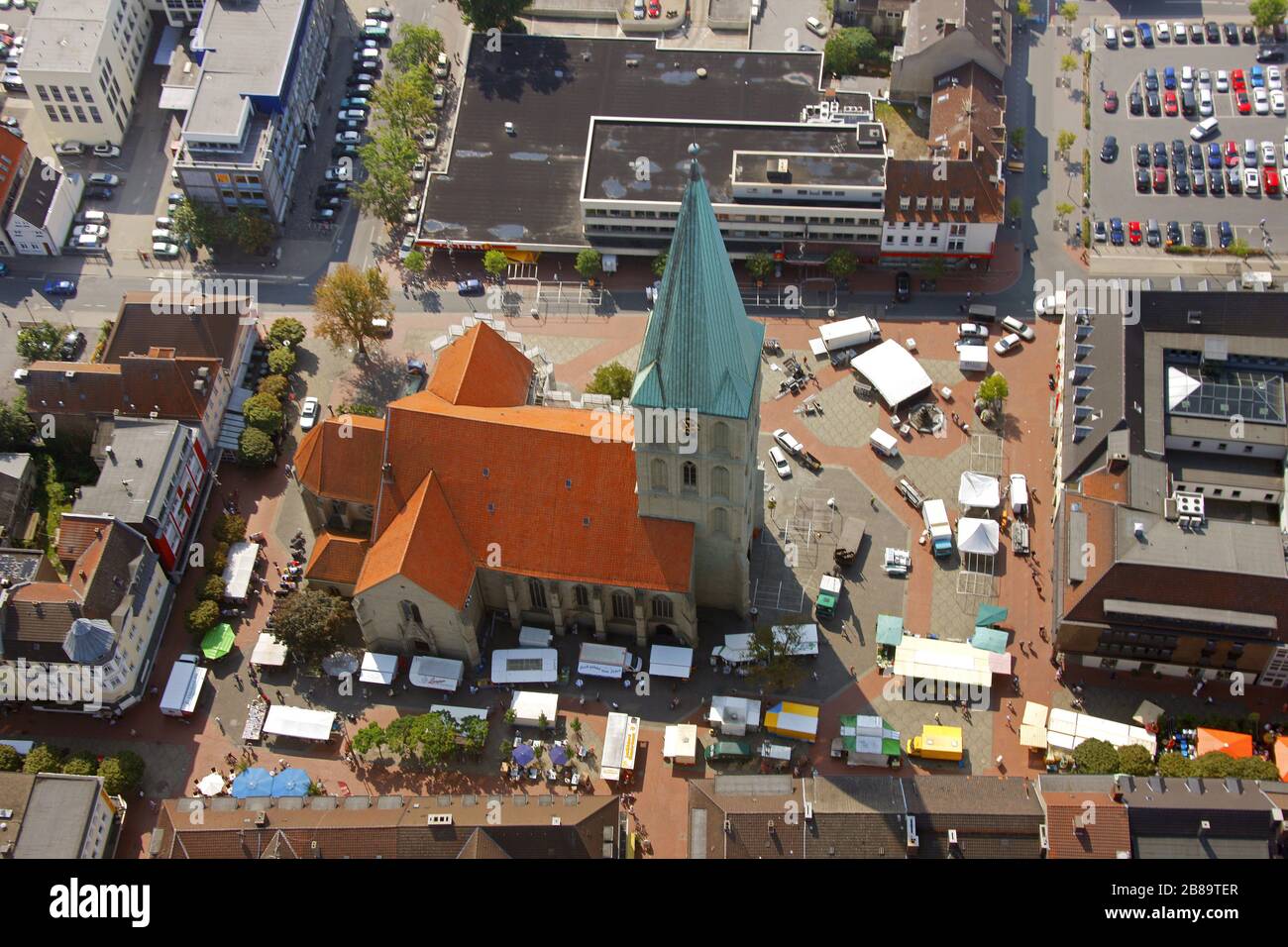 , evangelical church Pauluskirche in Hamm, 04.08.2011, aerial view, Germany, North Rhine-Westphalia, Ruhr Area, Hamm Stock Photo
