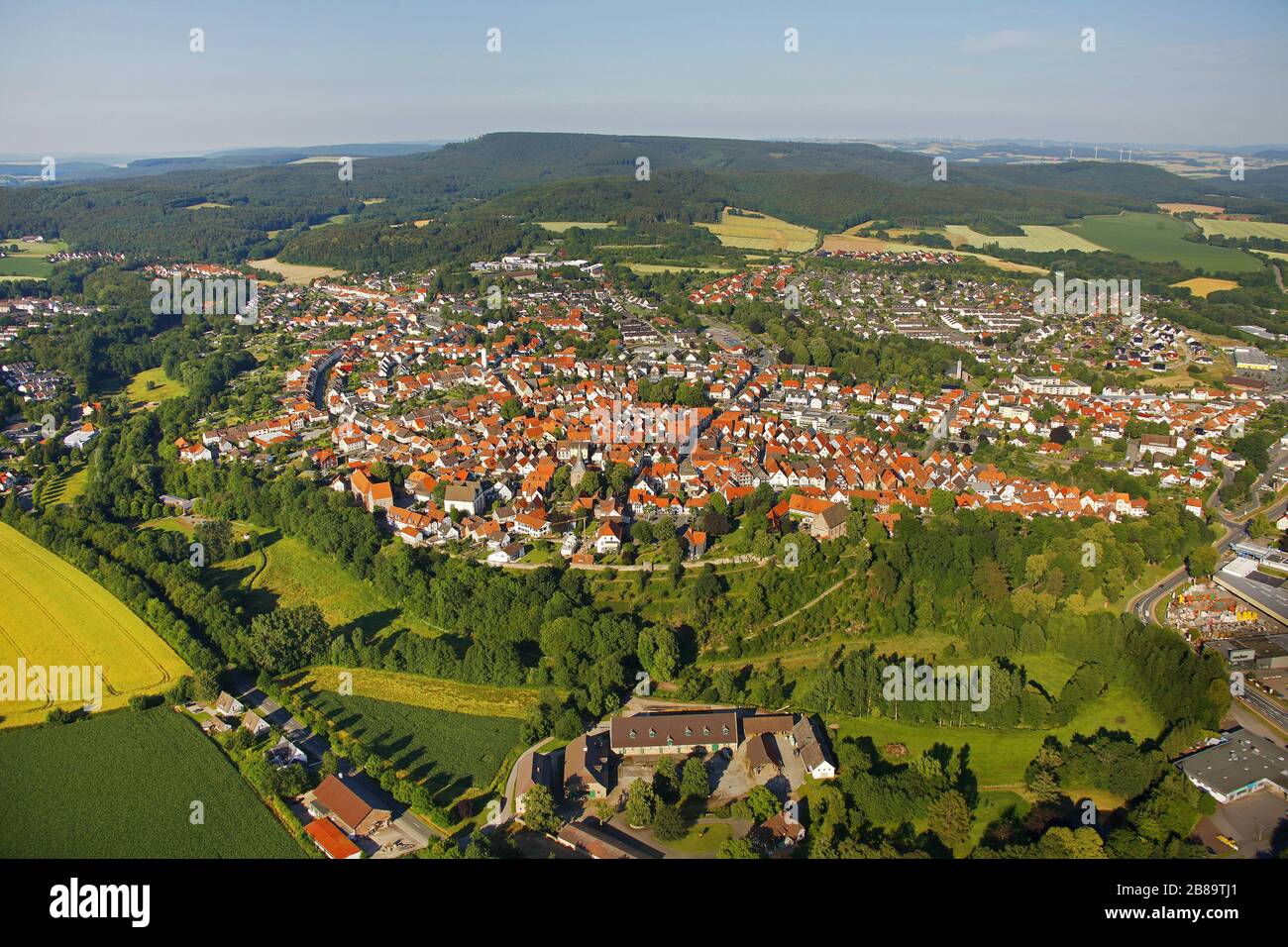 , small town of Blomberg in ostwestfalen-Lippe, 27.06.2011, aerial view, Germany, North Rhine-Westphalia, East Westphalia, Blomberg Stock Photo