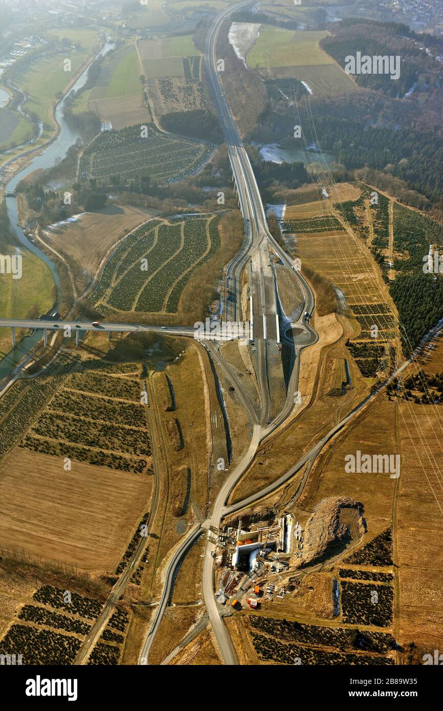 , bridge and the interchange Bestwig of the motor way A 46, 31.01.2012, aerial view, Germany, North Rhine-Westphalia, Sauerland, Bestwig Stock Photo