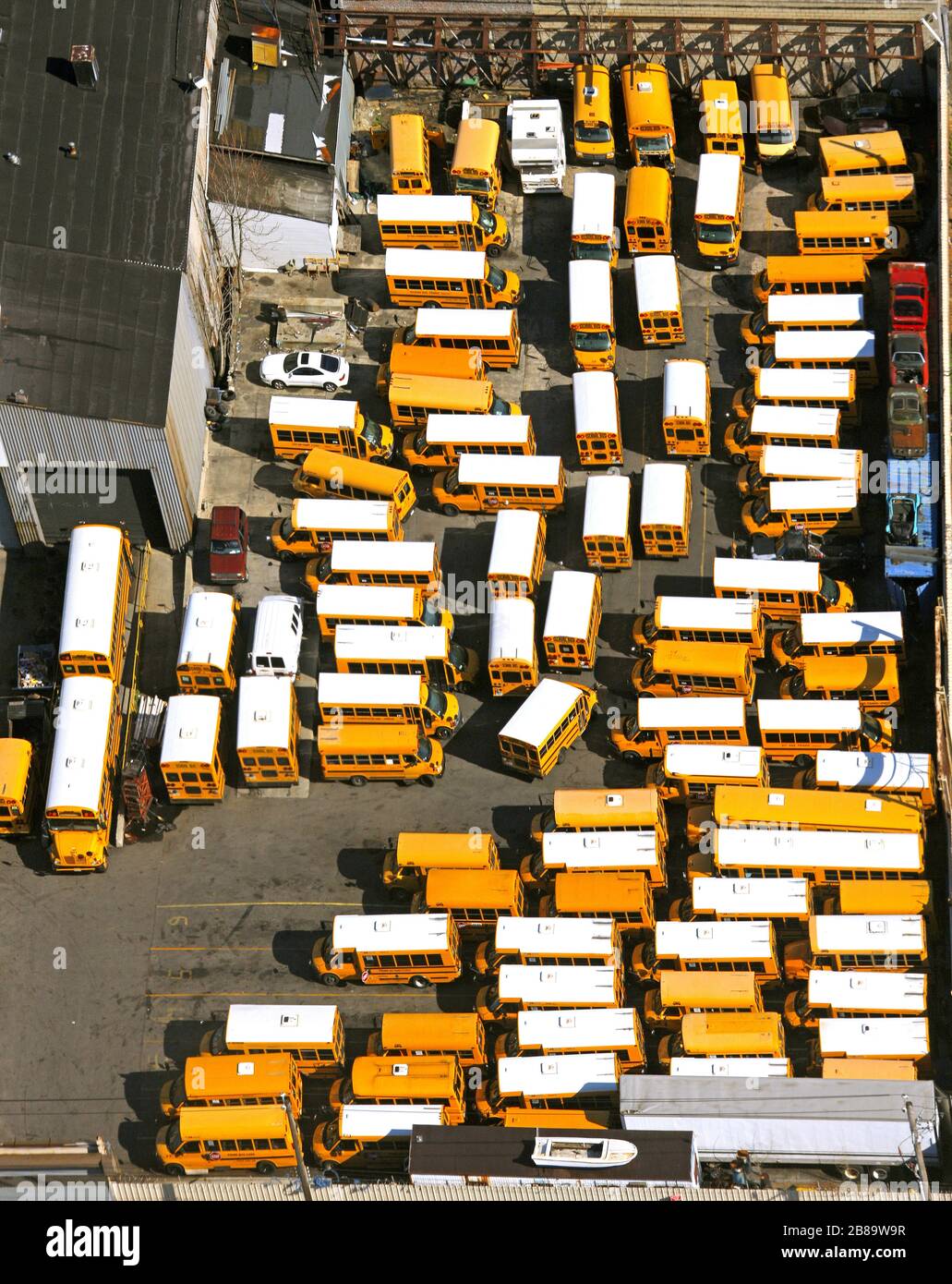 , bus and school bus depot in the Stillwell Avenue on Coney Iceland, 12.04.2009, aerial view, USA, New York City Stock Photo