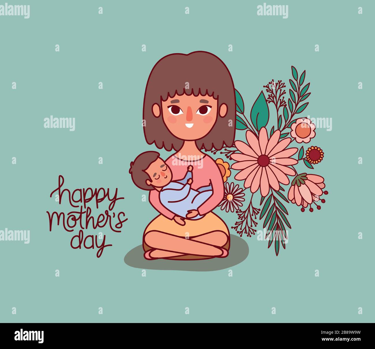 Mother And Baby Cartoon With Flowers And Leaves Vector Design