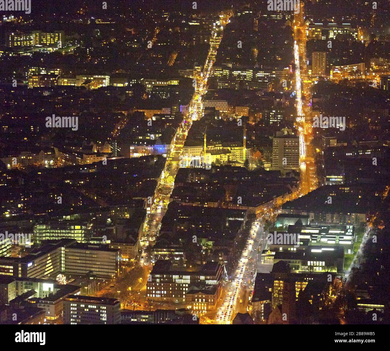 , Night photograph of the Essen city, 02.12.2011, aerial view, Germany, North Rhine-Westphalia, Ruhr Area, Essen Stock Photo