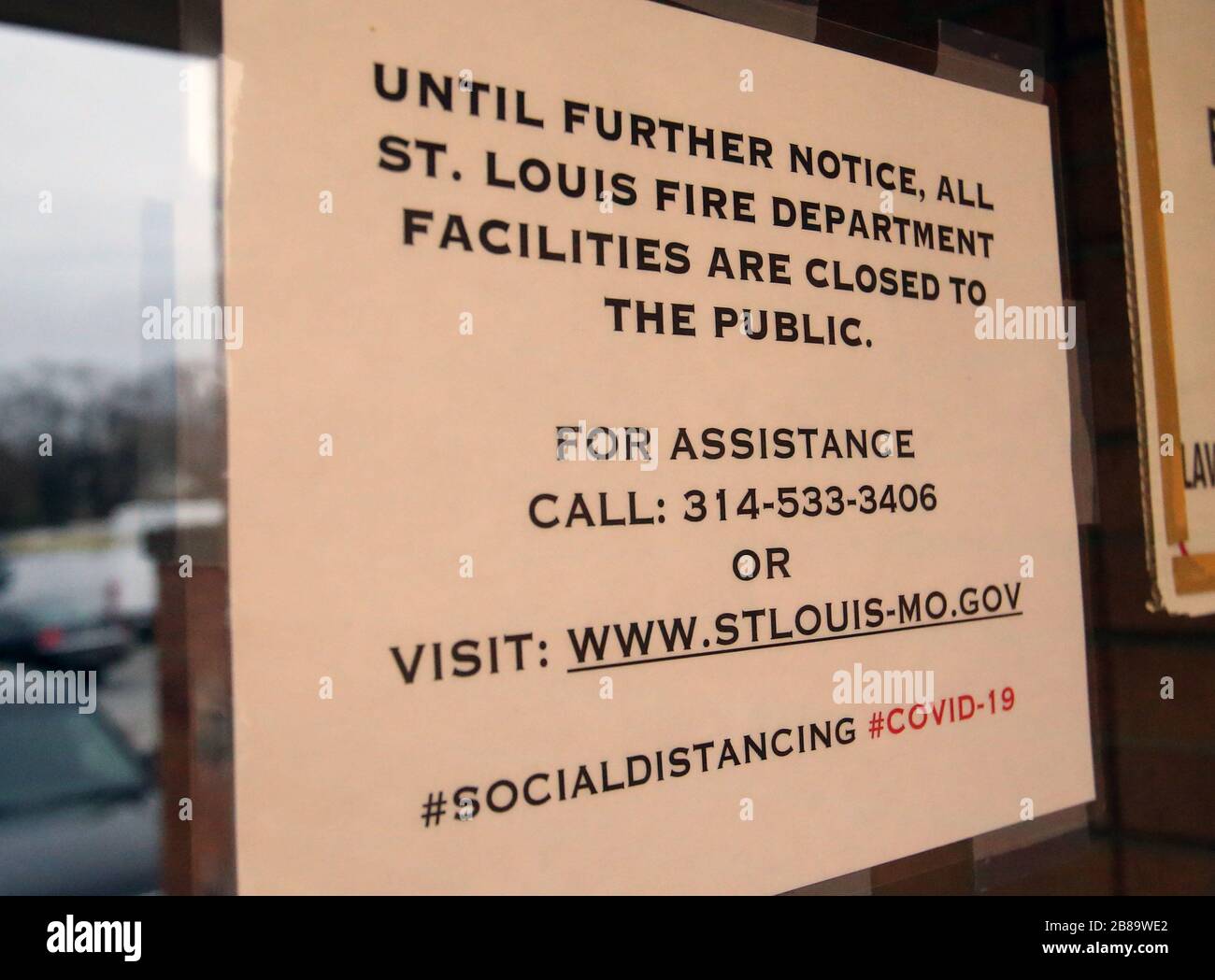St. Louis, USA. 20th Mar, 2020. A sign on the door of St. Louis Fire Department Headquarters indicates the building has been closed to visitors as Coronavirus fears have grown in St. Louis on Friday, March 20, 2020. There have been two reported deaths in Missouri from the virus. Photo by Bill Greenblatt/UPI Credit: UPI/Alamy Live News Stock Photo
