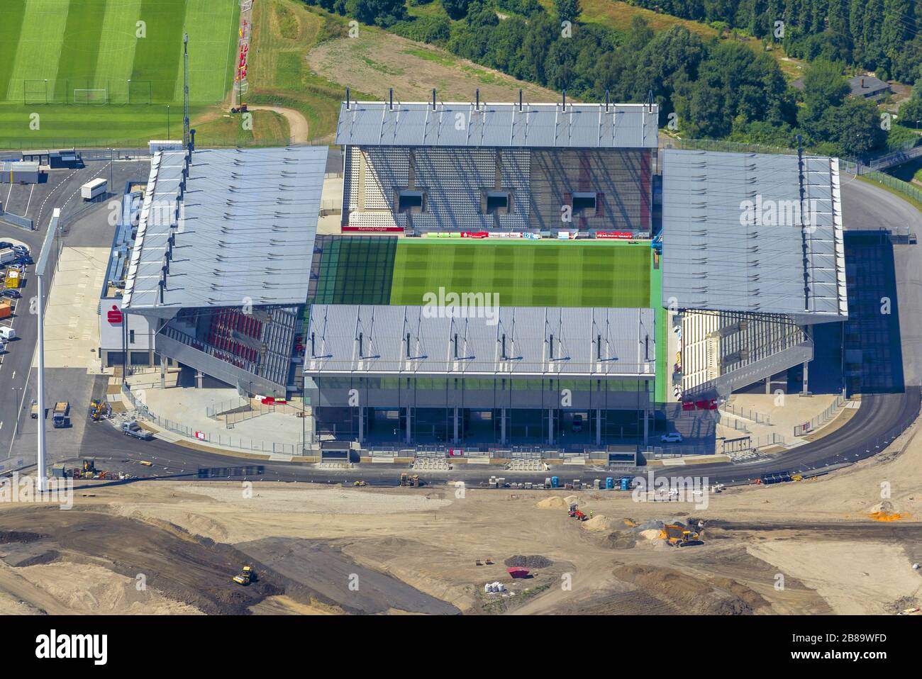 , new building of RW-stadium in Hafenstrasse in Essen, football ground of Rot-Weiss-Essen, 01.08.2013, aerial view, Germany, North Rhine-Westphalia, Ruhr Area, Essen Stock Photo