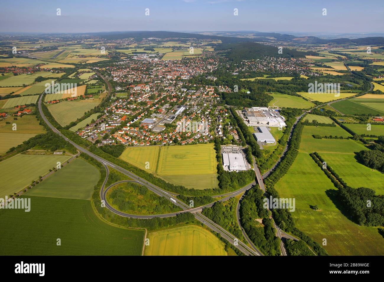 , Bueckeburg with country roads B 65 and 83, 27.06.2011, aerial view, Germany, Lower Saxony, Bueckeburg Stock Photo