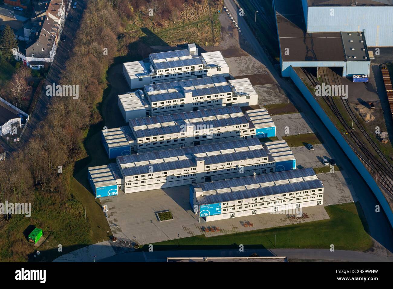 , Containers of the Hochschule Ruhr West, HRW, 18.01.2013, aerial view, Germany, North Rhine-Westphalia, Ruhr Area, Muelheim/Ruhr Stock Photo