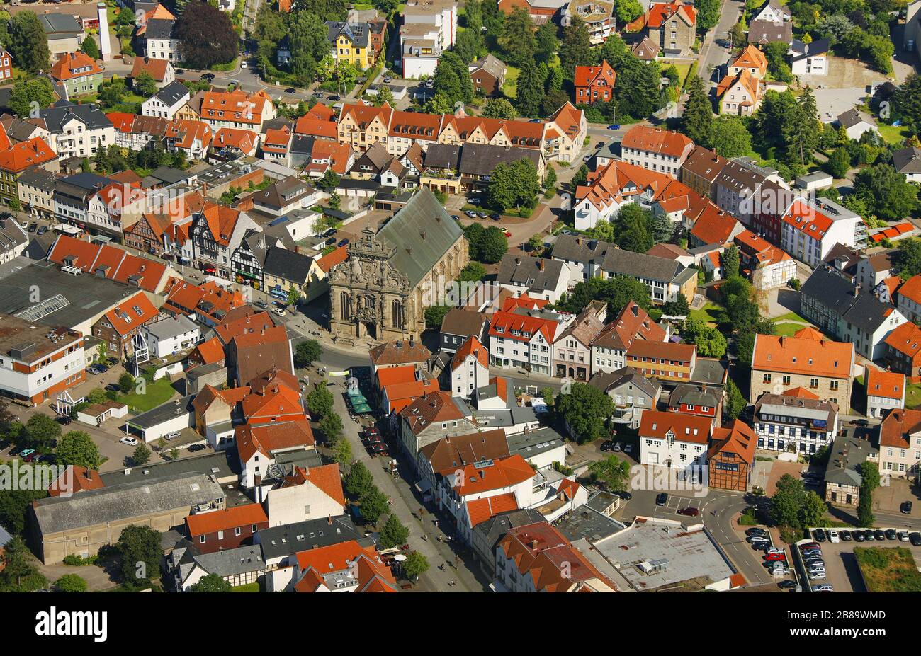 , city centre of Bueckeburg with town church, 27.06.2011, aerial view, Germany, Lower Saxony, Bueckeburg Stock Photo