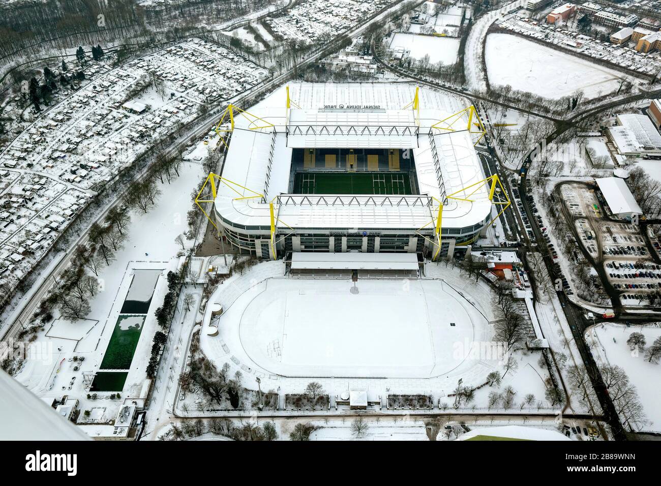 , snow-covered soccer stadium Westfalenstadion of Dortmund BVB, 19.01.2013, aerial view, Germany, North Rhine-Westphalia, Ruhr Area, Dortmund Stock Photo