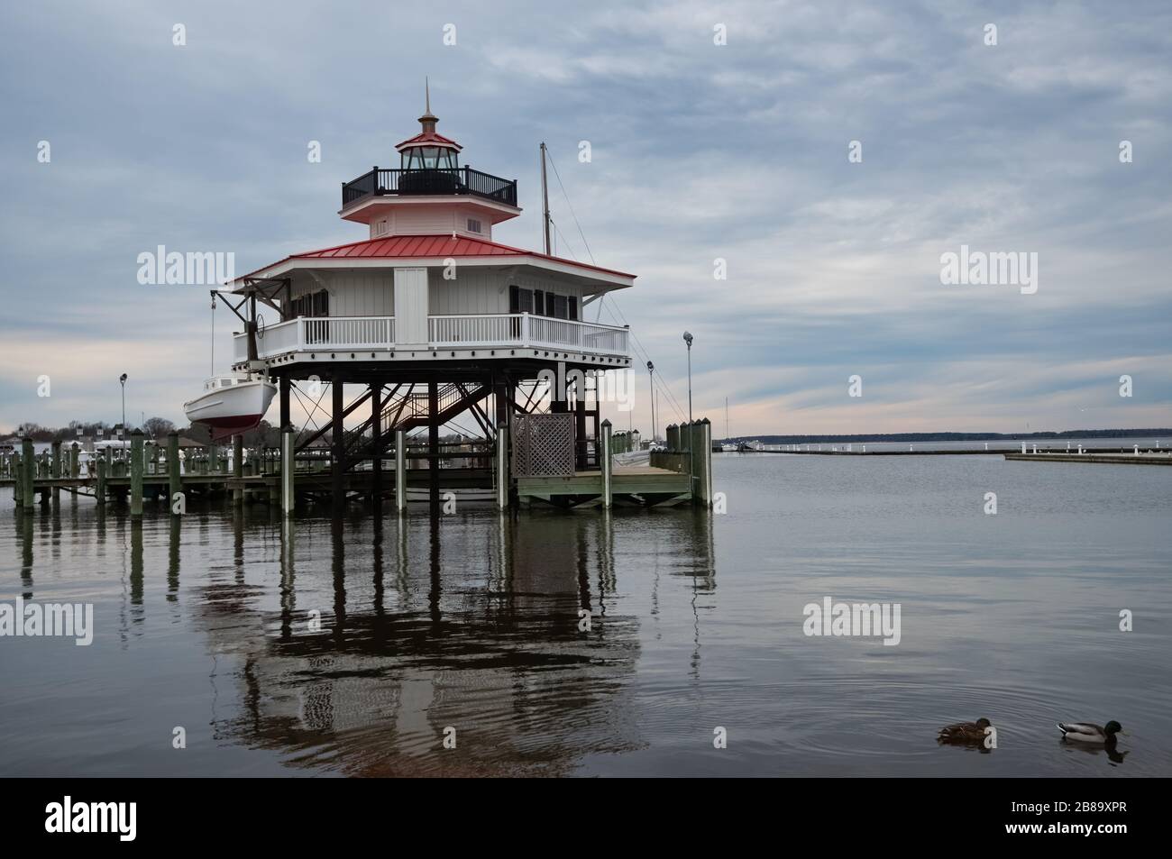 Built in 2012, the Choptank River Lighthouse is located on the waterfront in Cambridge, Maryland. Stock Photo