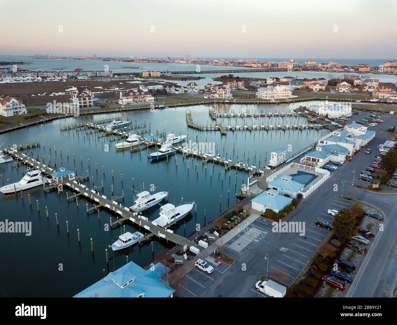 Aerial view of a commercial fishing marina in Ocean City, Maryland. Stock Photo