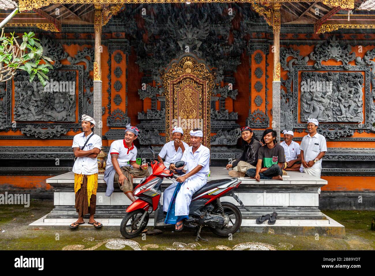 A Group Of Balinese Hindu Men Outside A Temple, Kintamani Area, Bali, Indonesia. Stock Photo