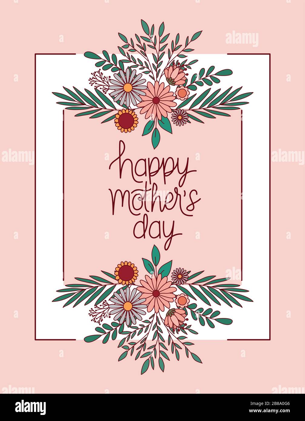 happy mothers day text with flowers and leaves frame vector design ...