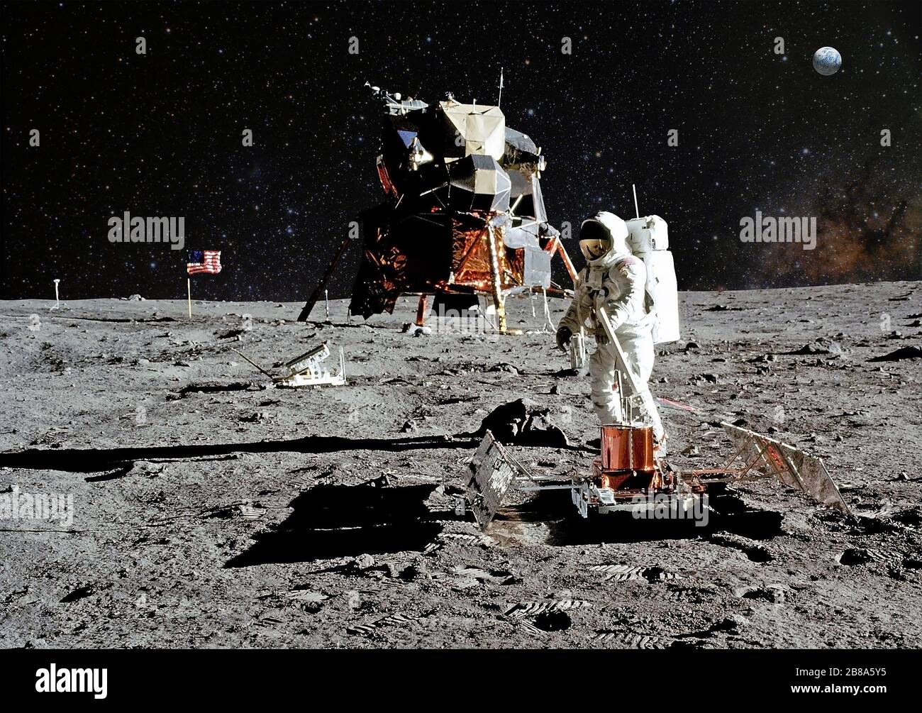 Astronaut on lunar (moon) landing mission. Elements of this image furnished by NASA. Stock Photo