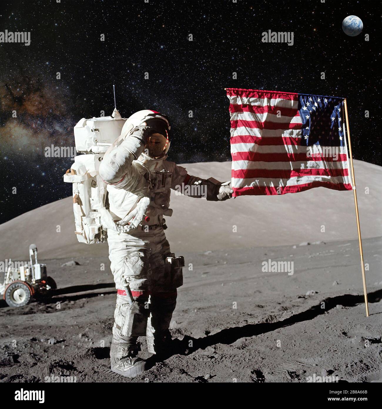 Astronaut on lunar (moon) landing mission. Elements of this image furnished by NASA. Stock Photo