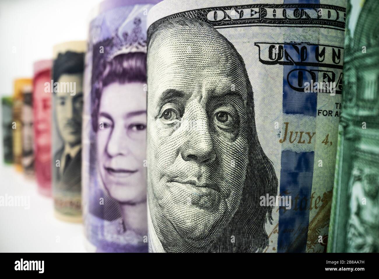 Macro shot of international currency money include US Dollar, Euro Currency, UK Australian Dollar, China Yuan and Japan Yen. F Stock Photo - Alamy