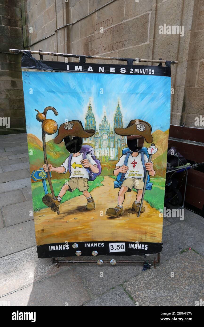 Pilgrim photo souvenir at end of Camino Santiago, Santiago de Compostela, Spain Stock Photo