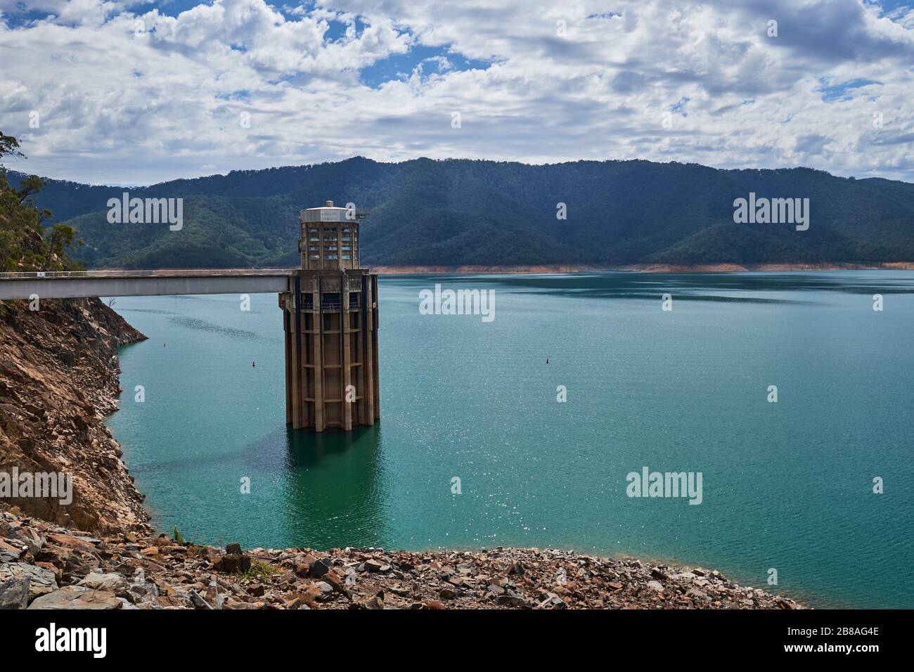 The concrete intake water tower at the Eildon dam. In Victoria
