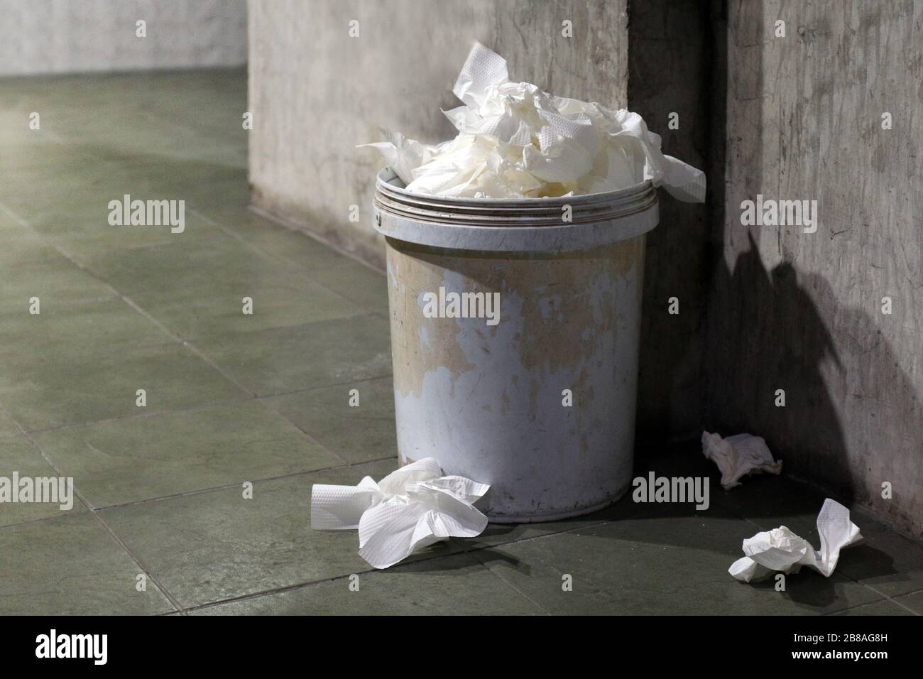 Waste toilet paper, Garbage bin, Trash toilet paper dirty full of trash