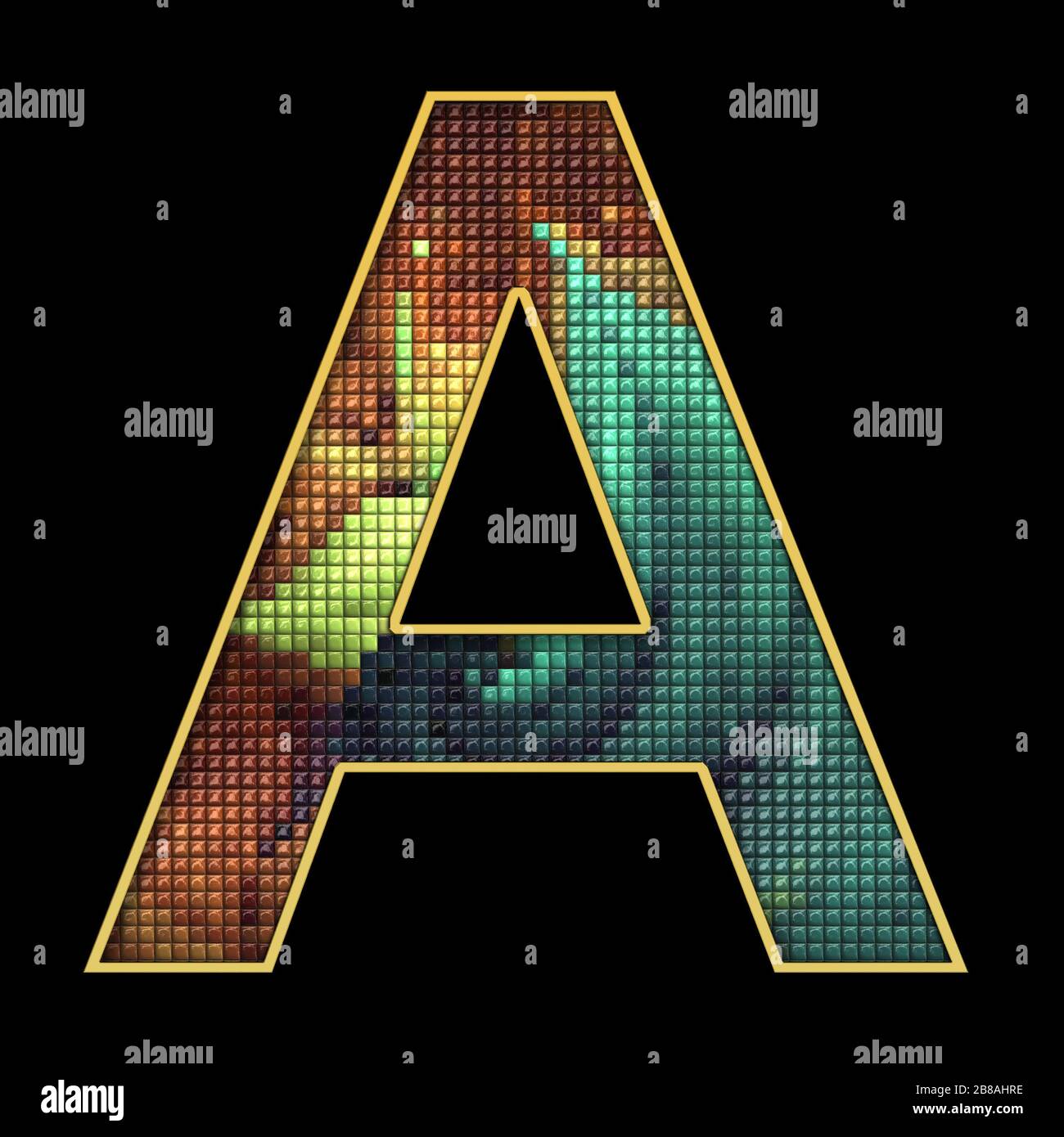 3D render of puff pixels alphabet capital letter with gold ...
