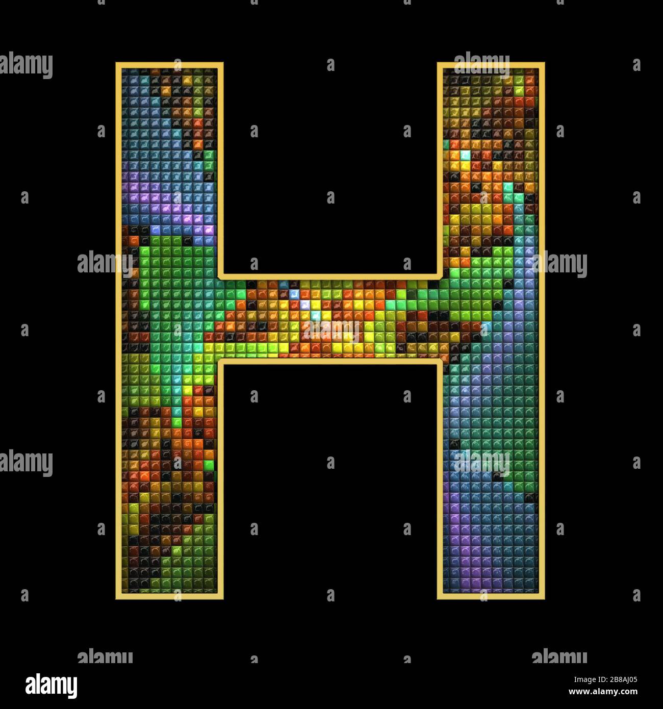 3D render of puff pixels alphabet capital letter with gold ...