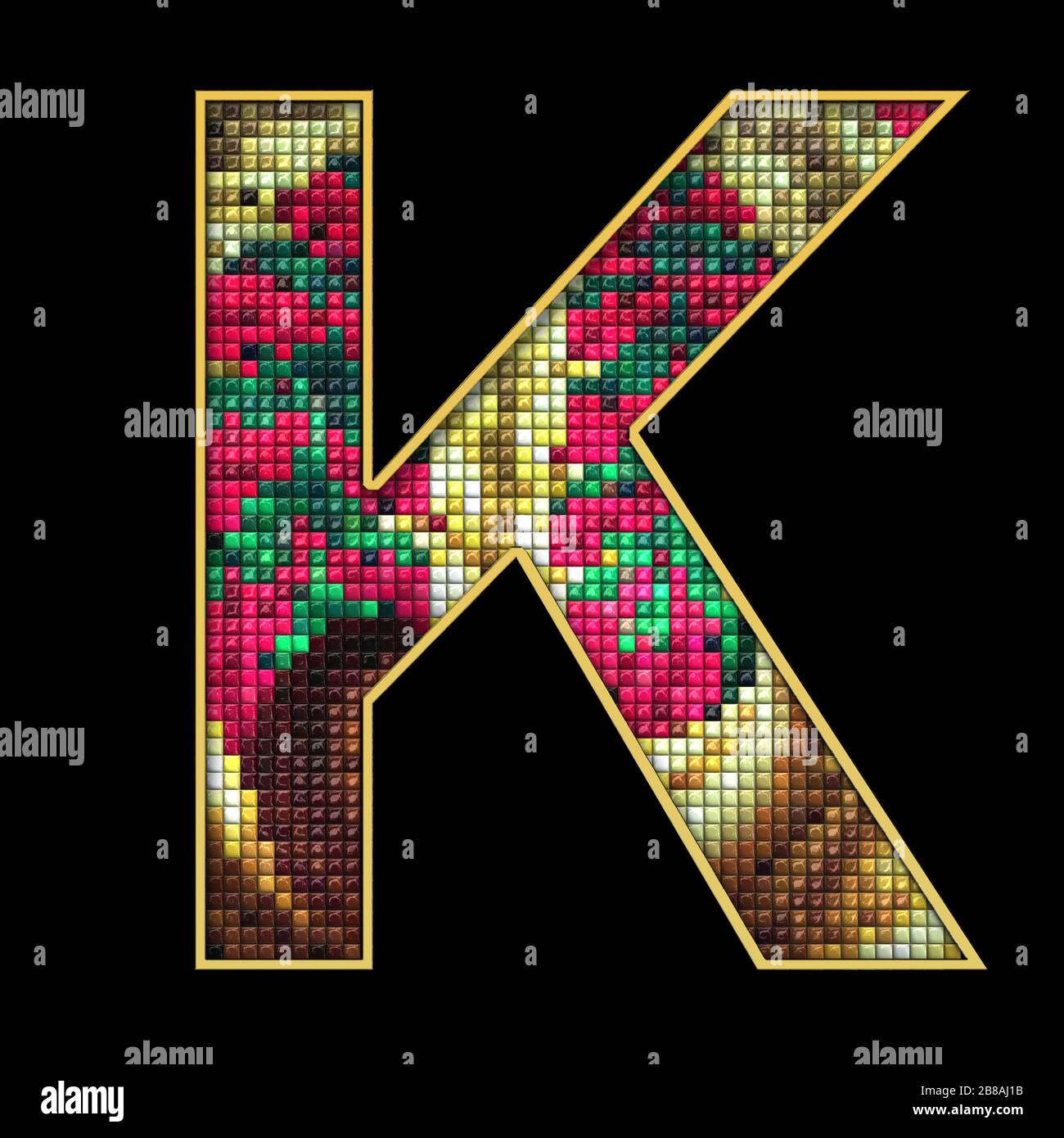 3D render of puff pixels alphabet capital letter with gold ...