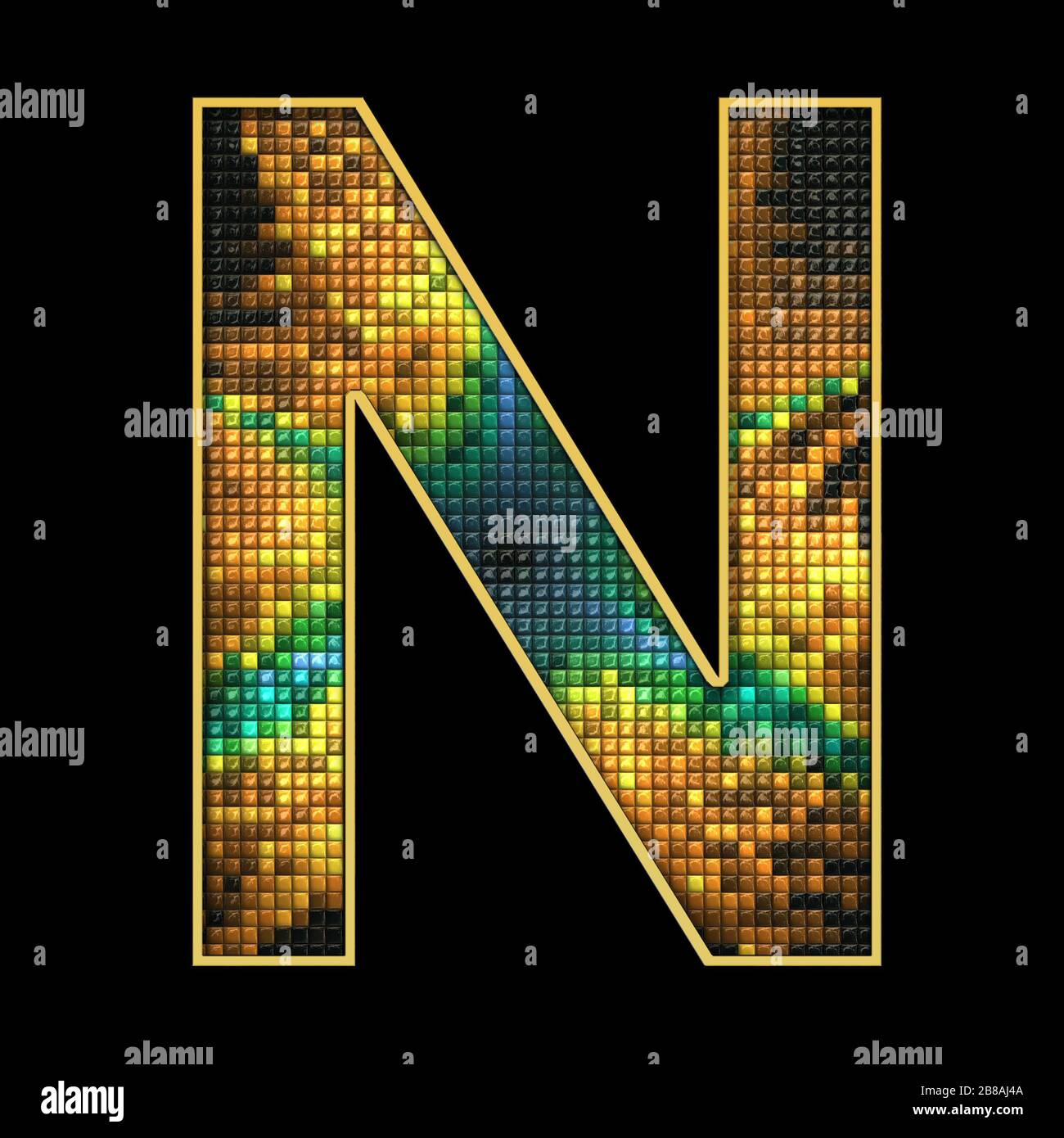 3D render of puff pixels alphabet capital letter with gold ...