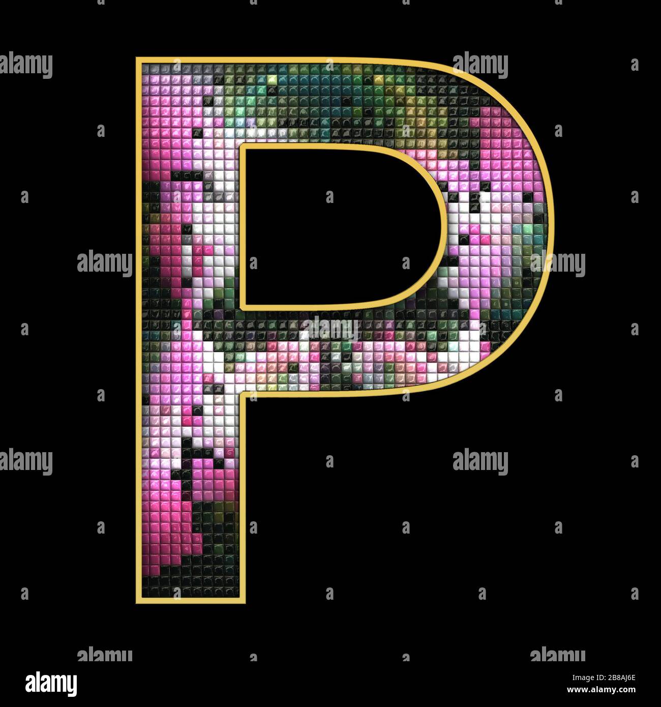 3D render of puff pixels alphabet capital letter with gold ...