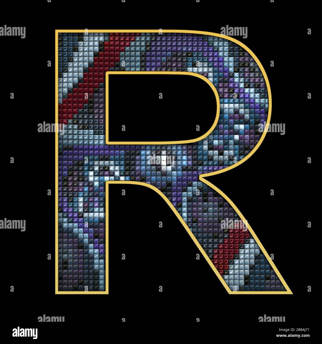 3D render of puff pixels alphabet capital letter with gold ...