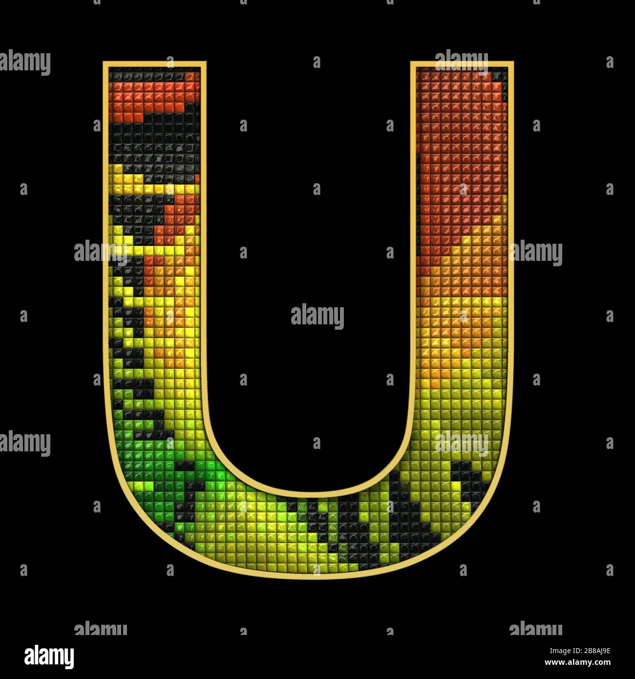 3D render of puff pixels alphabet capital letter with gold ...