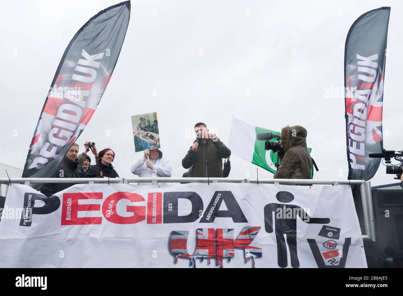 Tommy Robinson (real name Stephen Christopher Yaxley-Lennon) an adviser to Pegida UK speaking to a rally protesting against what Pegida say is ‘Islami Stock Photo