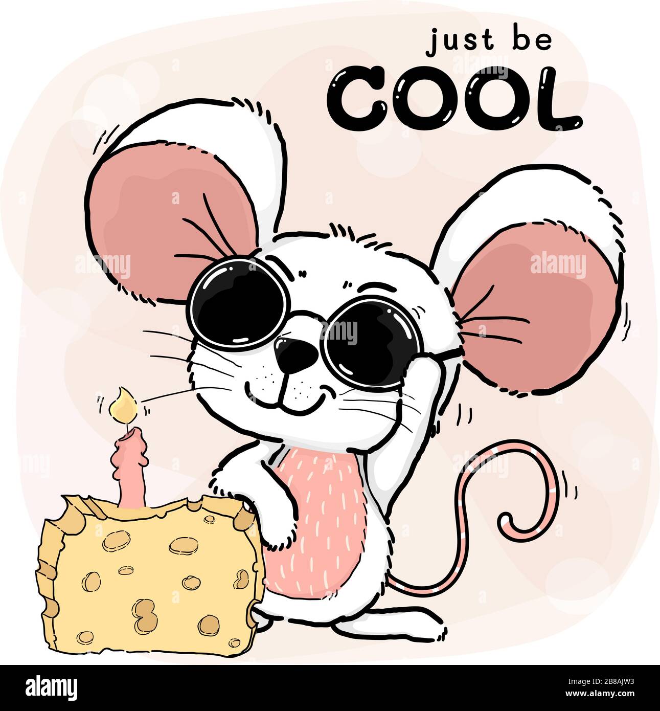 happy cool cute white pink mice or mouse wears Sun Glasses with cheese cake and candle, just be cool and happy word in background, cute character dood Stock Vector