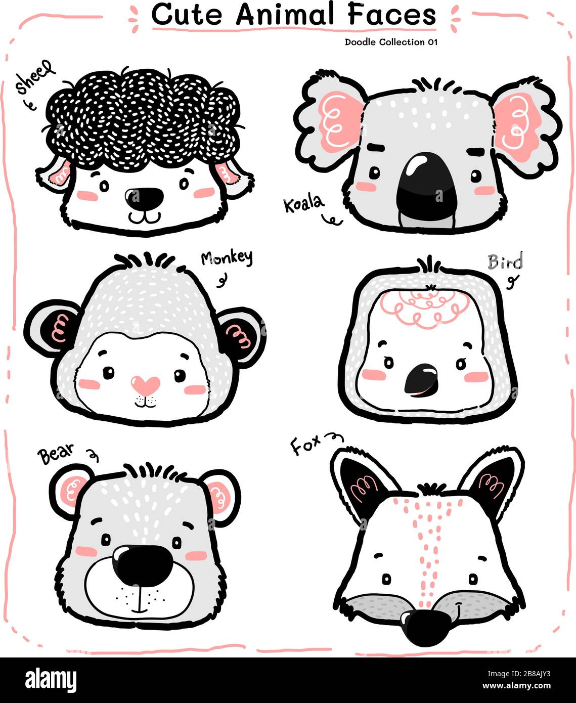 cute doodle wild animal face set, nursery kid outline drawing, sheep,  koala, monkey, teddy, bear, fox Stock Vector Image & Art - Alamy