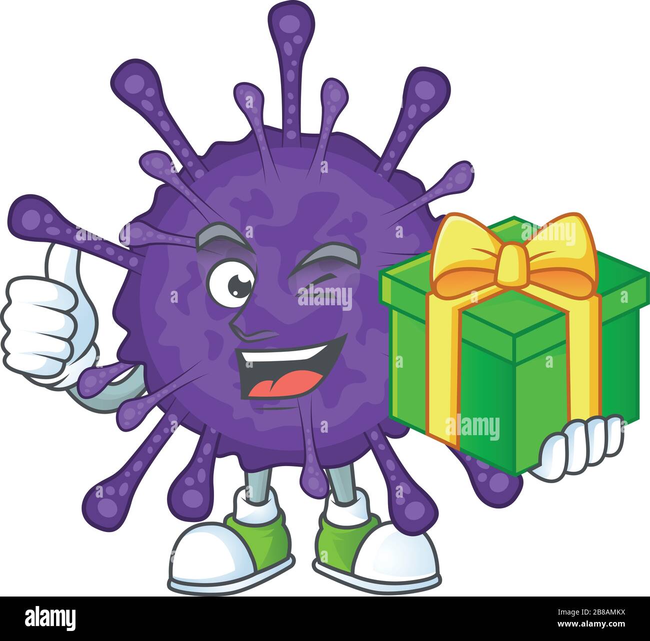 Cheerful coronavirinae cartoon character holding a gift box Stock Vector