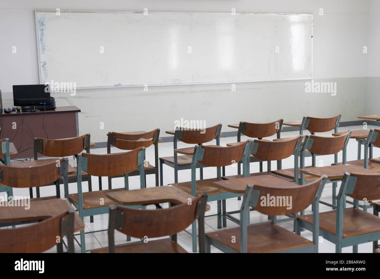 Empty White Classroom Background with Green Chalkboard Table and Seat on  Wooden Floor. Education and Back To School Concept Stock Illustration -  Illustration of education, classroom: 220056564