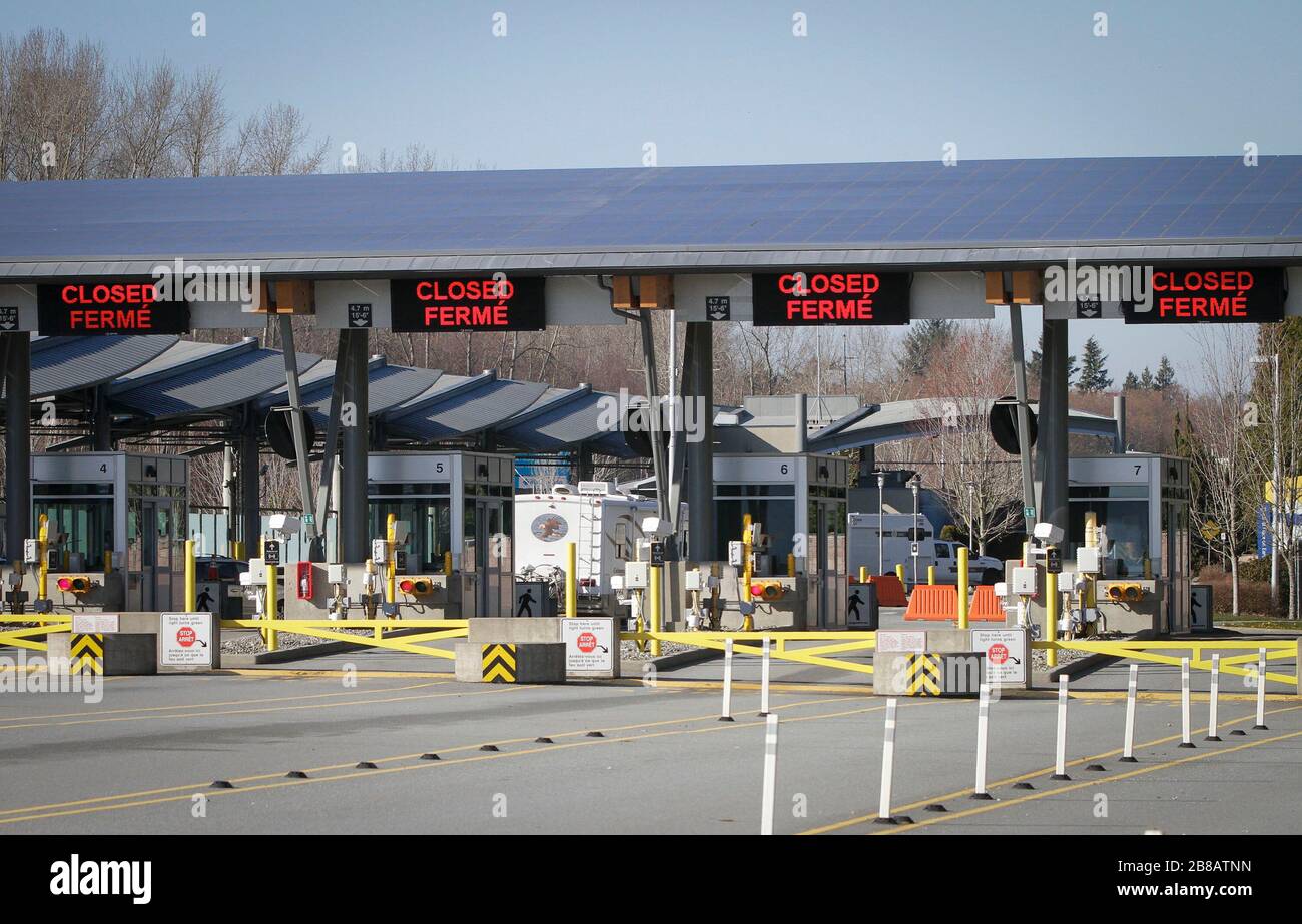 Vancouver. 20th Mar, 2020. Photo taken on March 20, 2020 shows closed counters at Canada Border Services port to Canada in Surrey, Canada. Canadian Prime Minister Justin Trudeau announced that the Canada-U.S. border will close to non-essential travel at midnight Friday and both countries will turn back asylum seekers crossing the border. Credit: Liang Sen/Xinhua/Alamy Live News Stock Photo