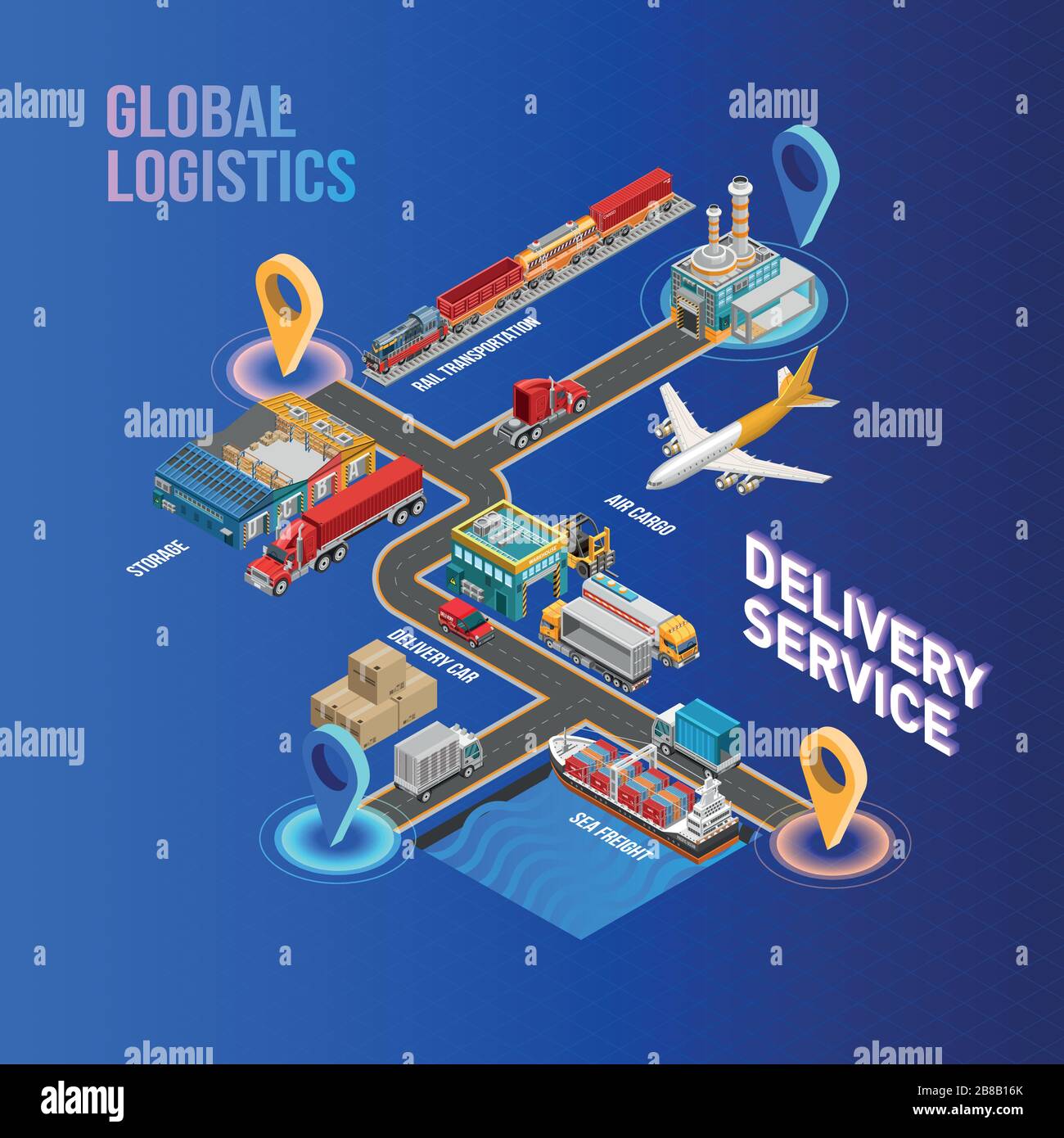 Isometric structure of modern delivery service and global logistics with arrival and departure points Stock Vector