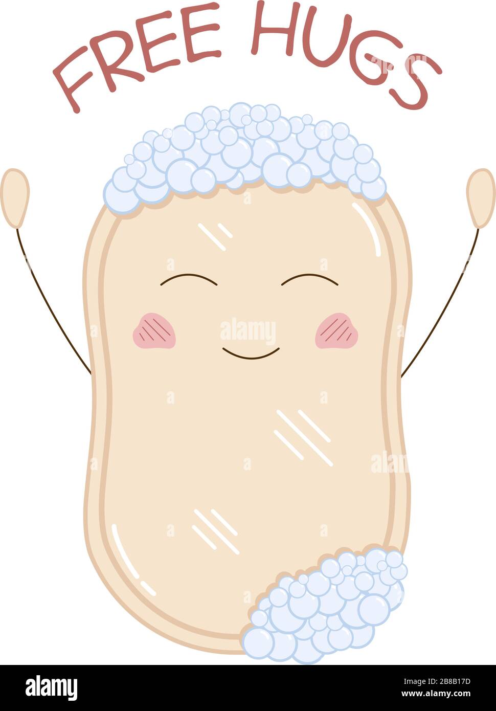 Cute funny bar of soap offering free hugs. Vector illustration of hygiene product with pretty