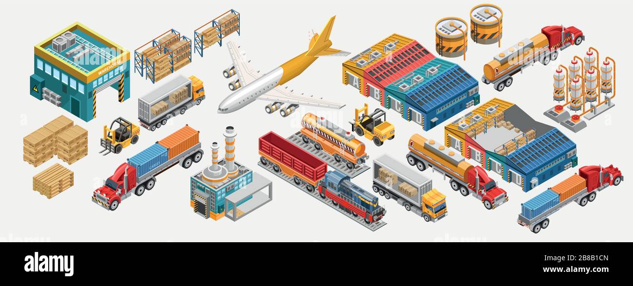 Isometric warehouse and logistics set of freight vessels and vehicles ...