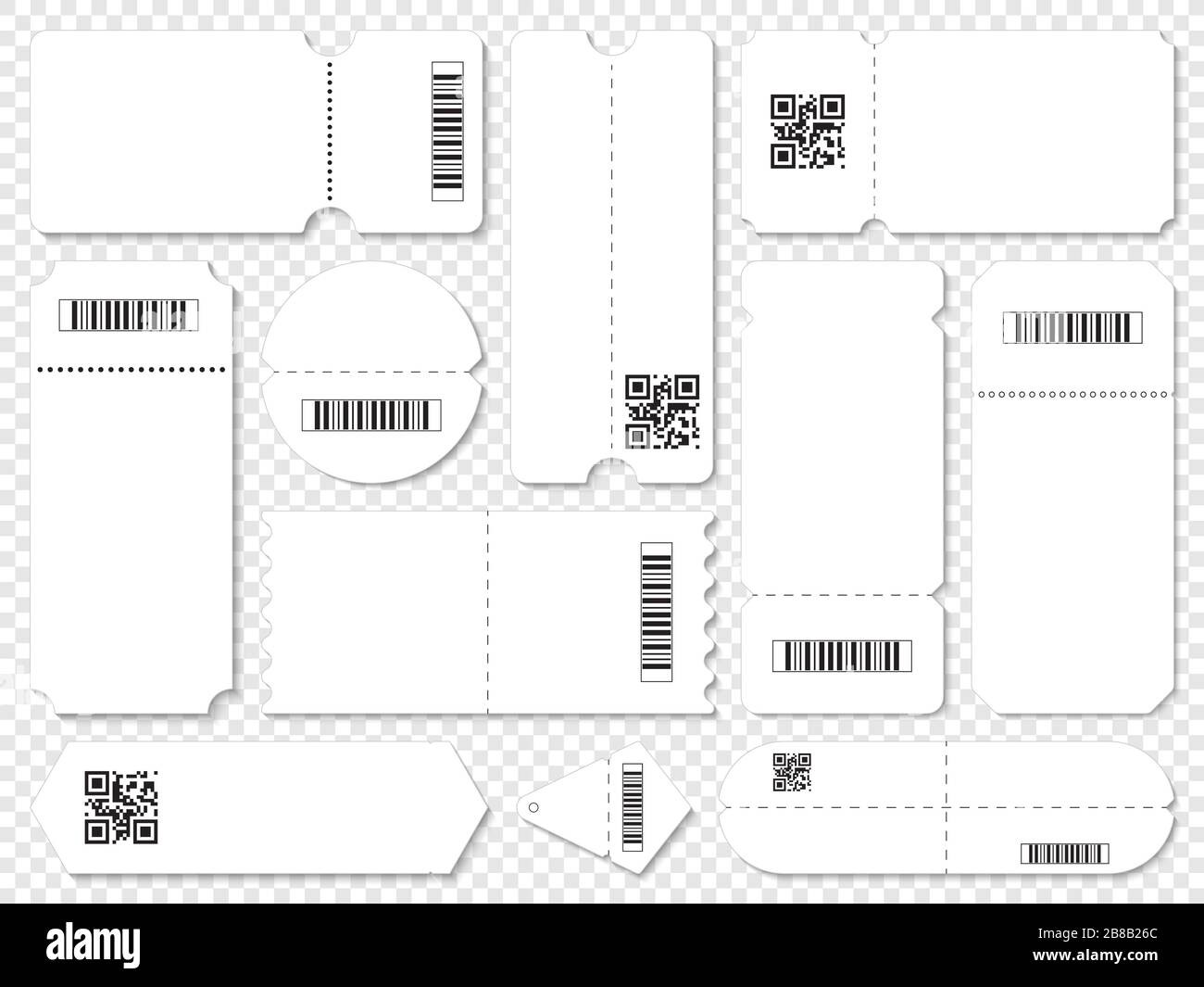 Set of simple white coupons decorated with barcodes and QR codes Stock Vector