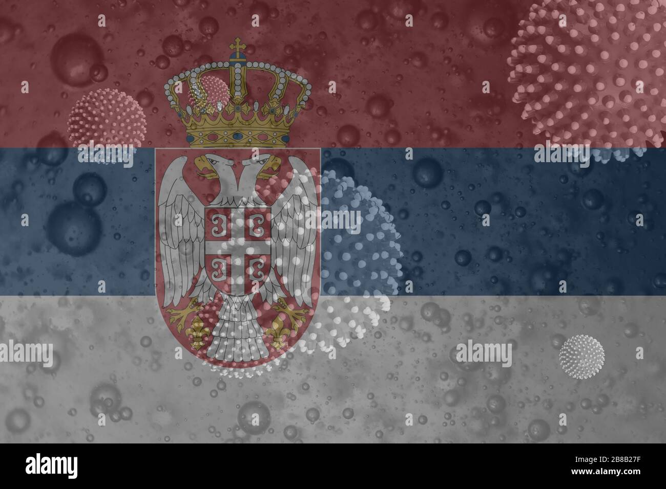 Illustration of the Coronavirus behind the Serbian flag Stock Photo