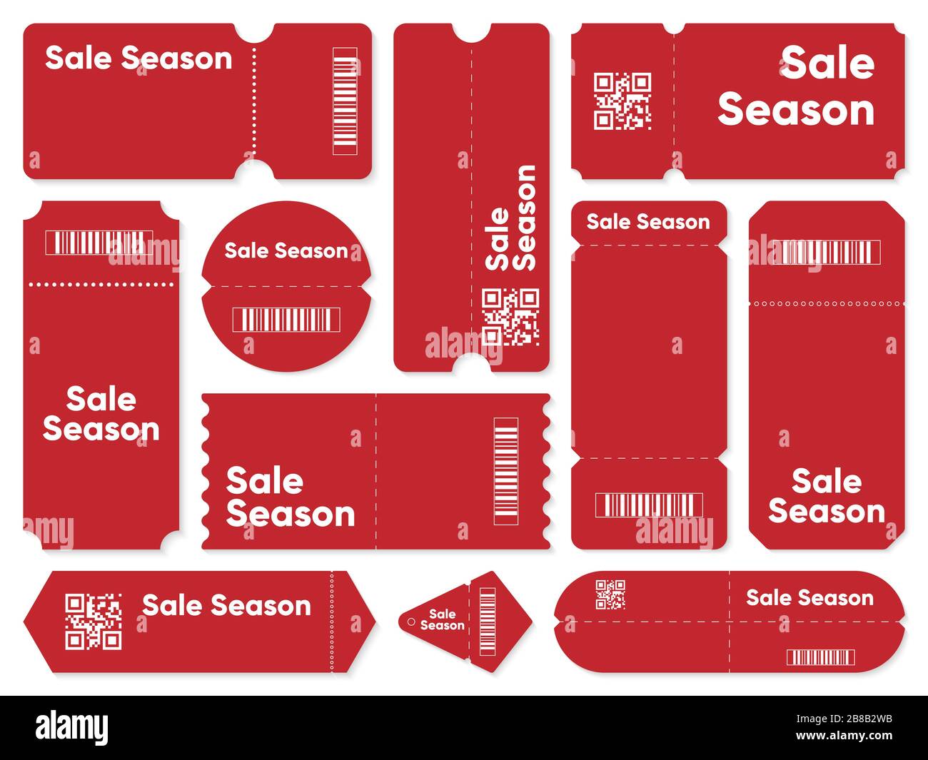 Set of red coupons with sale season writing and barcodes with QR codes Stock Vector