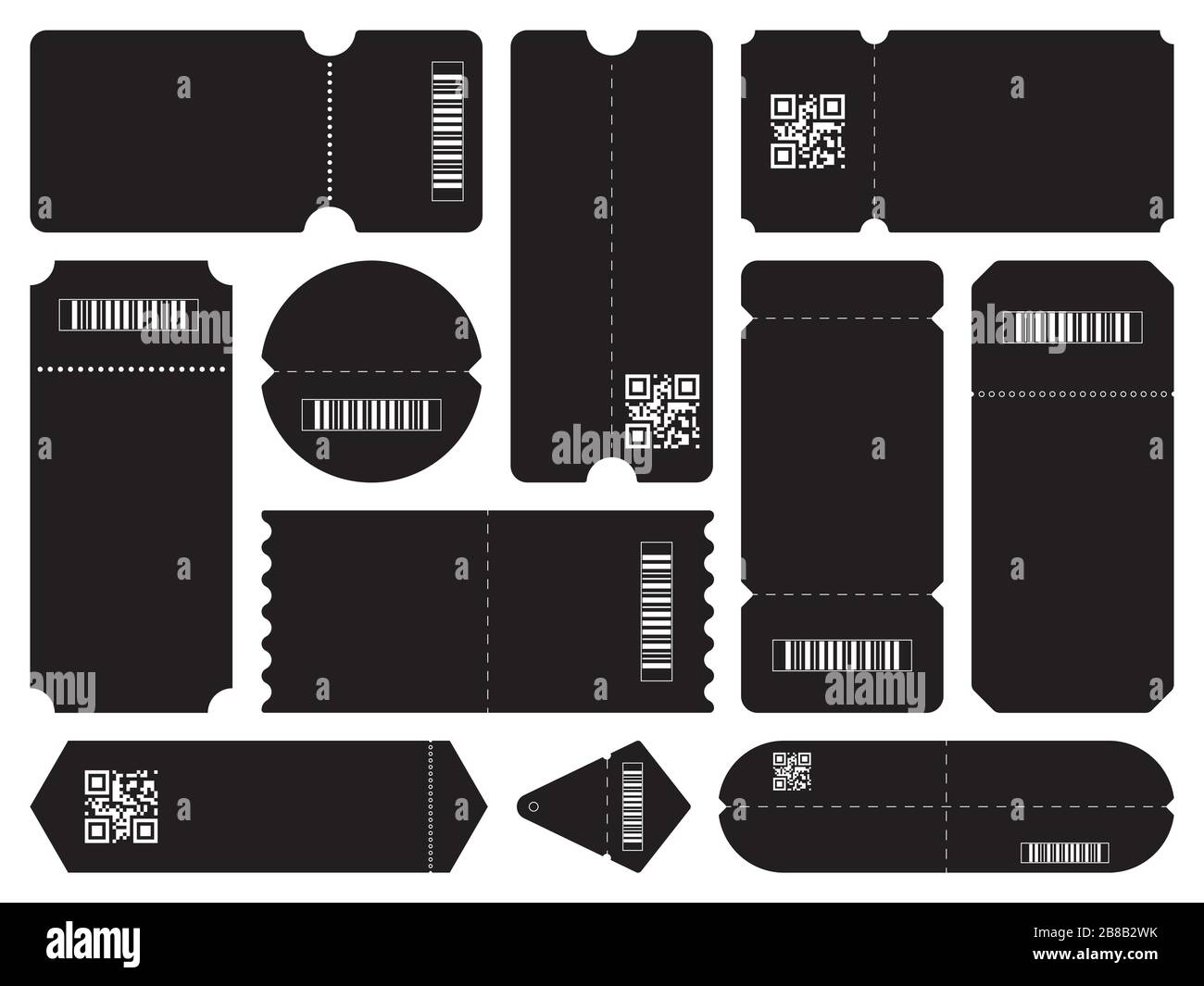 Set of stylish black tickets with only barcodes and QR codes on them Stock Vector